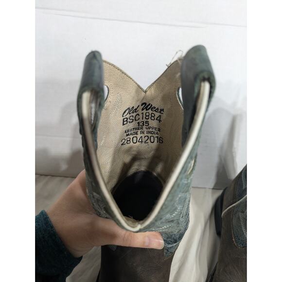 Old West BSC1884 Cowboy Boots Blue‎ Brown Leather Square Toe Little Kids Sz 13.5 - Picture 7 of 8